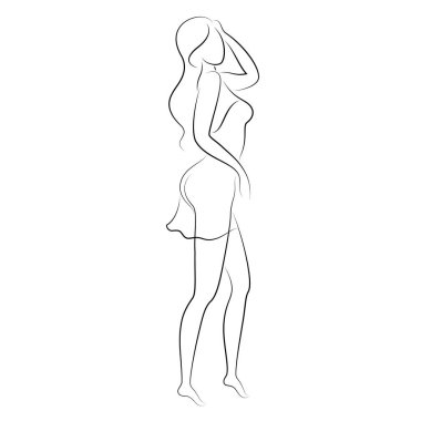 Modern aralıksız çizgi tarzında kadın silueti. Kız zayıf ve çok güzel. Estetik dekor için uygun bir bayan, posterler, çıkartmalar, logolar. Vektör illüstrasyonu