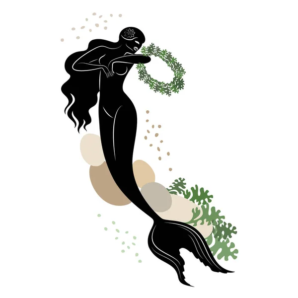 Силуэт Русалки Красивая Девушка Плавает Воде Рядом Листьями Растения Фантастический — стоковый вектор