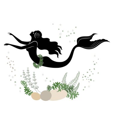 Deniz kızı silueti. Güzel bir kız suda yüzer. Bitkinin yapraklarının yanında. Bir peri masalının fantastik görüntüsü. Vektör illüstrasyonu.