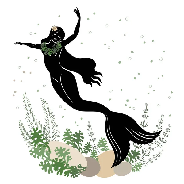 マーメイドのシルエット 美しい少女が水中で泳いでいます 植物の葉の横にあります おとぎ話の幻想的なイメージ ベクターイラスト — ストックベクタ