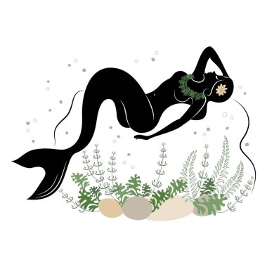 Deniz kızı silueti. Güzel bir kız suda bir taşın üzerinde yatıyor. Bitkinin yapraklarının yanında. Bir peri masalının fantastik görüntüsü. vektör illüstrasyonu