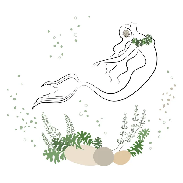 マーメイドのシルエット 美しい少女が水中で泳いでいます 植物の葉の横にあります おとぎ話の幻想的なイメージ ベクターイラスト — ストックベクタ