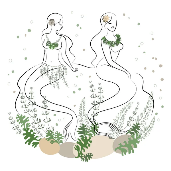 Silhouette Zweier Meerjungfrauen Ein Schönes Mädchen Sitzt Auf Einem Stein — Stockvektor