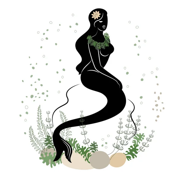 マーメイドのシルエット 美しい少女が水の中の石の上に座っている 植物の葉の横にあります おとぎ話の幻想的なイメージ ベクターイラスト — ストックベクタ