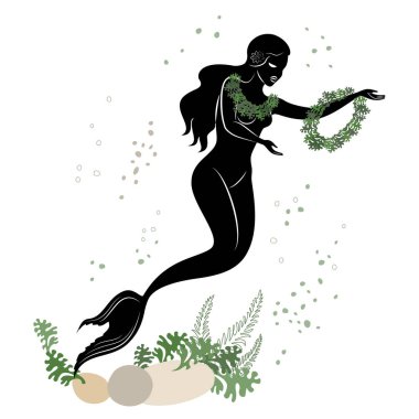 Deniz kızı silueti. Güzel bir kız suda yüzer. Bitkinin yapraklarının yanında. Bir peri masalının fantastik görüntüsü. Vektör illüstrasyonu.