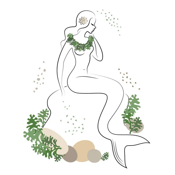 マーメイドのシルエット 美しい少女が水の中の石の上に座っている 植物の葉の横にあります おとぎ話の幻想的なイメージ ベクターイラスト — ストックベクタ