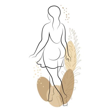 Güzel kadın silueti ve bitki yaprağı modern tek sıra halinde sürekli olarak. Kız aşırı kilolu. Bayan ayakta duruyor. vektör illüstrasyonu