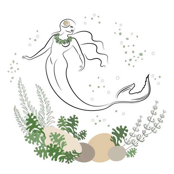 Mermaid Silhouette Beautiful Girl Swims Water Next Leaves Plant Fantastic — Stock Vector