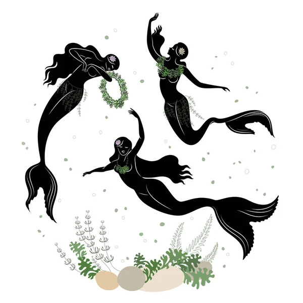 stock vector Mermaid silhouette. Beautiful girls swim in the water, dance. The lady is young and slim. Fantastic fairy tale image of algae, plants. vector illustration set