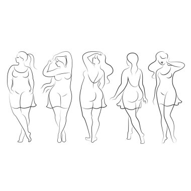 Koleksiyon. Güzel bir kadın silueti. Modern, tek sıra halinde, sürekli. Kız aşırı kilolu. Bayan ayakta duruyor. vektör illüstrasyonu