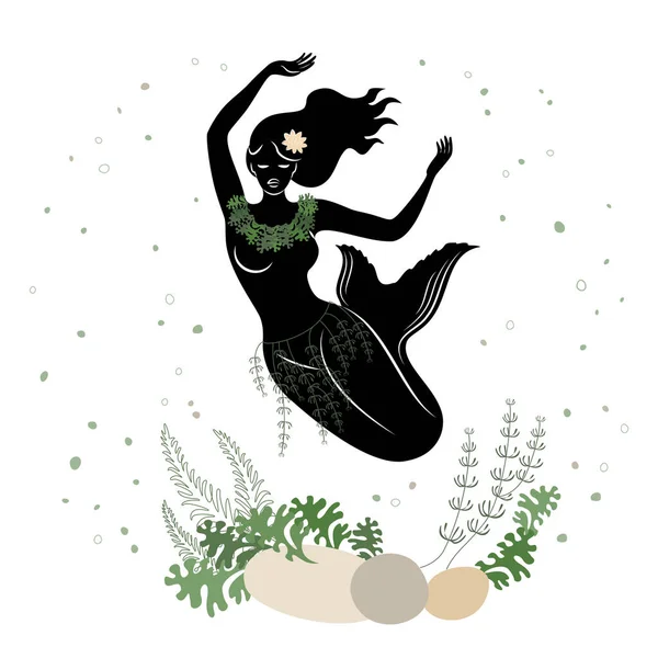 マーメイドのシルエット 美しい少女が水の中の石の上に横たわっている 植物の葉の横にあります おとぎ話の幻想的なイメージ ベクターイラストセット — ストックベクタ