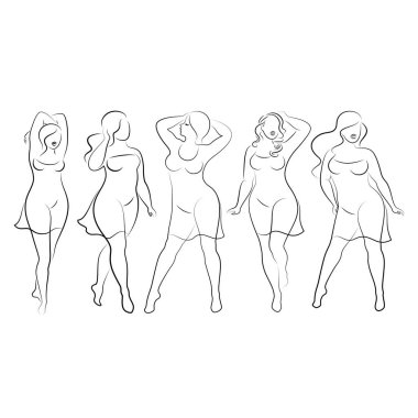 Koleksiyon. Güzel bir kadın silueti. Modern, tek sıra halinde, sürekli. Kız aşırı kilolu. Bayan ayakta duruyor. vektör illüstrasyonu