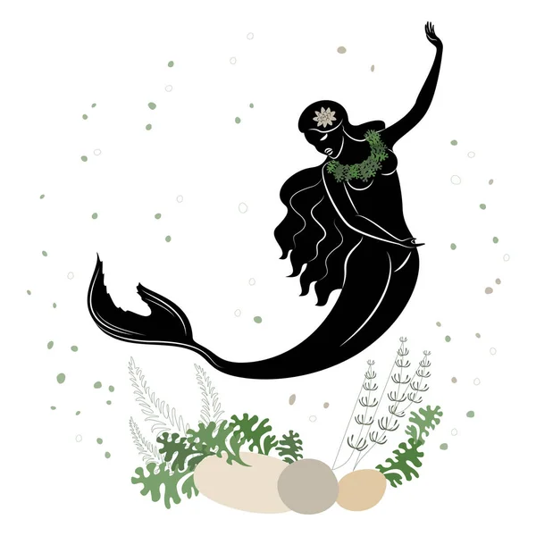 Silhouette Sirena Una Bella Ragazza Giace Una Pietra Nell Acqua — Vettoriale Stock