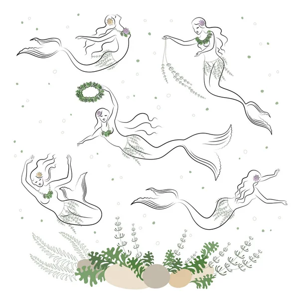 Силуэт Русалки Красивые Девушки Плавают Воде Танцуют Девушка Молода Стройна — стоковый вектор