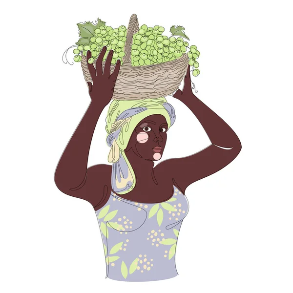 Silhouettes Girl Headscarf Lady Holding Basket Grapes Her Hands Woman — 스톡 벡터