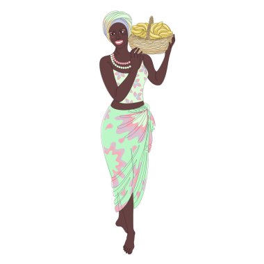 Silhouettes of a girl in a headscarf. The lady is holding a basket of bananas in her hands. Woman in modern one line style. Solid line, decor outline, posters, stickers, logo. vector illustration