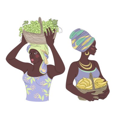 Collection. Silhouettes of a girl in a headscarf. The lady is holding a basket of grapes and bananas in her hands. Woman in modern one line style. Solid line, outline, logo. Vector illustration, set