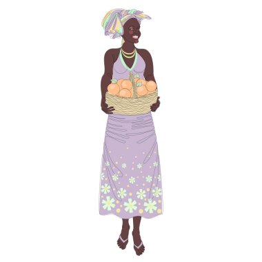 Silhouette of a beautiful girl. The lady is holding a basket of apples and oranges. Woman in modern one line style. Solid line, decor outline, posters, stickers, logo. Vector illustration