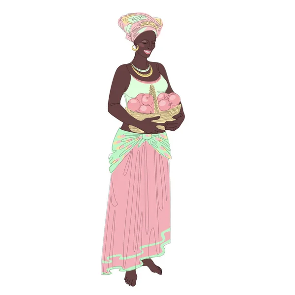 Silhouette Beautiful Girl Lady Holding Basket Apples Her Hands Woman — 스톡 벡터