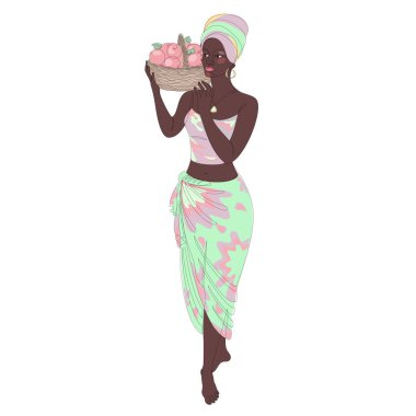 Silhouette of a beautiful girl. The lady is holding a basket of apples in her hands. Woman in modern one line style. Solid line, decor outline, posters, stickers, logo. Vector illustration.