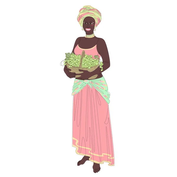 Silhouette Beautiful Girl Lady Holding Basket Grapes Oranges Woman Modern — Image vectorielle