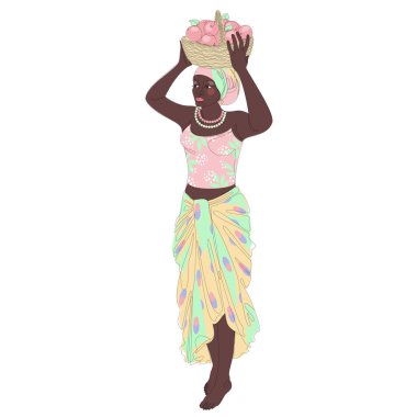 Silhouette of a beautiful girl. The lady is holding a basket of apples in her hands. Woman in modern one line style. Solid line, decor outline, posters, stickers, logo. Vector illustration