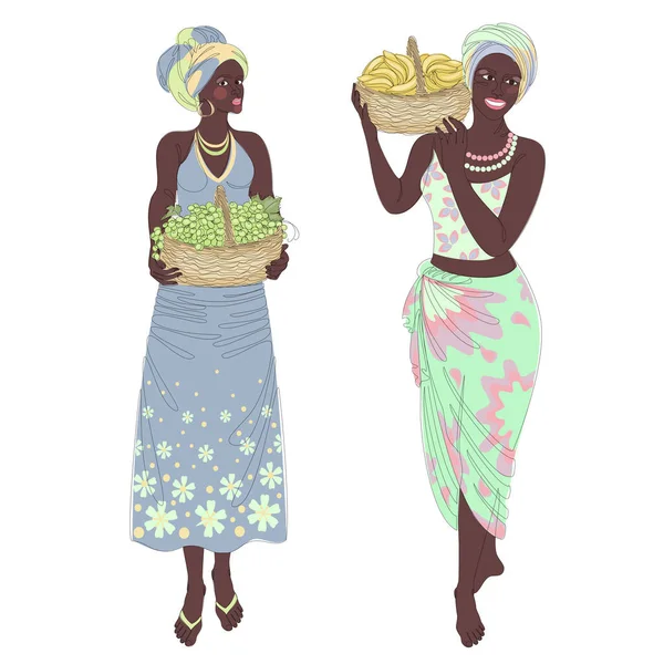 Collection Silhouettes Girl Headscarf Lady Holding Basket Grapes Bananas Woman —  Vetores de Stock