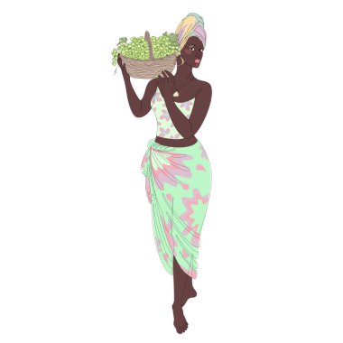 Silhouette of a beautiful girl. The lady is holding a basket with grapes, oranges. Woman in modern one line style. Solid line, decor outline, posters, stickers, logo. Vector illustration