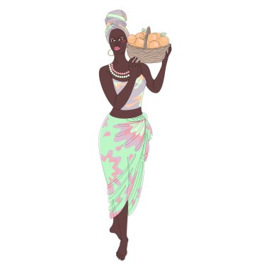 Silhouette of a beautiful girl. The lady is holding a basket of apples and oranges. Woman in modern one line style. Solid line, decor outline, posters, stickers, logo. Vector illustration