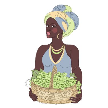 Silhouettes of a girl in a headscarf. The lady is holding a basket of grapes in her hands. Woman in modern one line style. Solid line, decor outline, posters, stickers, logo. vector illustration.