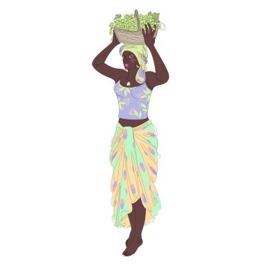 Silhouette of a beautiful girl. The lady is holding a basket with grapes, oranges. Woman in modern one line style. Solid line, decor outline, posters, stickers, logo. Vector illustration