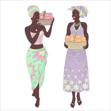 Collection. Silhouettes of a girl in a headscarf. The lady is holding a basket of oranges and apples in her hands. Woman in modern one line style. Solid line, outline, logo. Vector illustration, set.