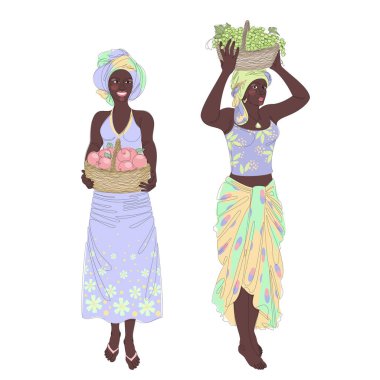 Collection. Silhouettes of a girl in a headscarf. The lady is holding a basket of grapes and apples in her hands. Woman in modern one line style. Solid line, outline, logo. Vector illustration, set