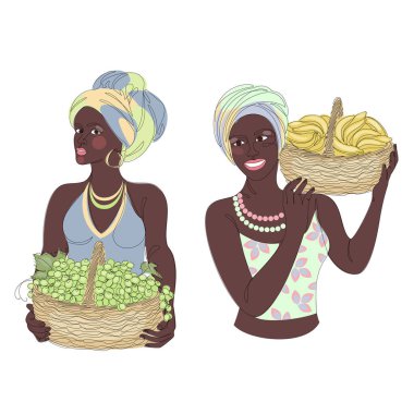 Collection. Silhouettes of a girl in a headscarf. The lady is holding a basket of grapes and bananas in her hands. Woman in modern one line style. Solid line, outline, logo. Vector illustration, set