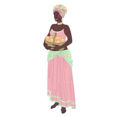Silhouette of a beautiful girl. The lady is holding a basket of apples and oranges. Woman in modern one line style. Solid line, decor outline, posters, stickers, logo. Vector illustration