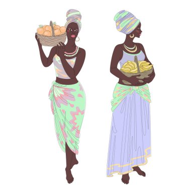 Collection. Silhouettes of a girl in a headscarf. The lady is holding a basket of oranges and bananas. Woman in modern one line style. Solid line, outline, logo. Vector illustration, set