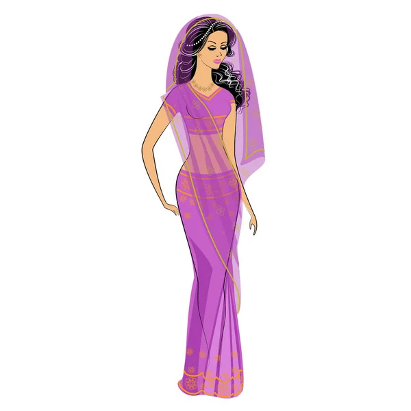 シルエットは甘い女性です 女の子は伝統的なサリー 国民的なインドの服を着ています 若くて美しい女性だベクトルイラスト — ストックベクタ