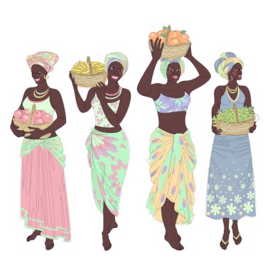 Collection. Silhouettes of a girl in a headscarf. The lady holds in her hands a basket with bananas and apples, grapes, oranges Woman in a modern one line style, contour. Vector illustration, set