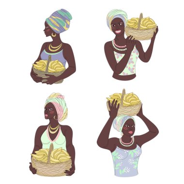 Collection. Silhouettes of a girl in a headscarf. The lady holds in her hands a basket with bananas and apples, grapes, oranges Woman in a modern one line style, contour. Vector illustration, set