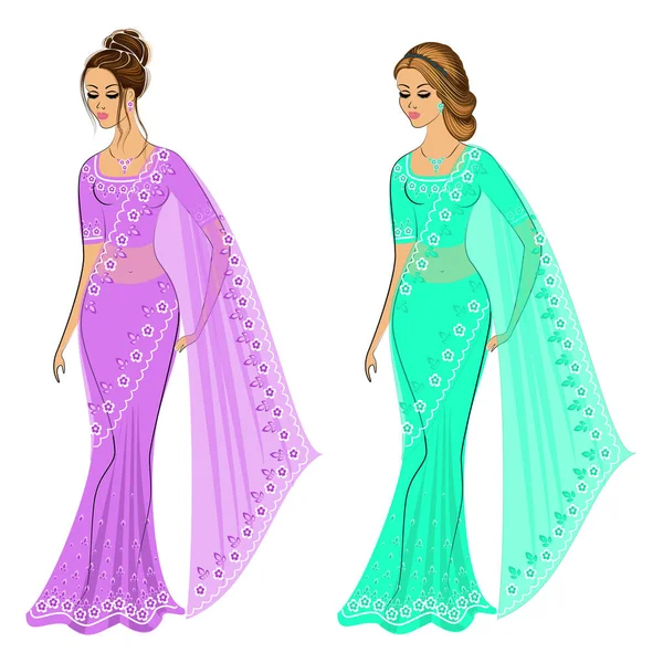 Colección Silueta Damas Encantadoras Las Chicas Están Vestidas Con Saris — Vector de stock