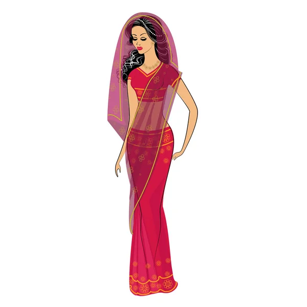 シルエットは甘い女性です 女の子は伝統的なサリー 国民的なインドの服を着ています 若くて美しい女性だベクトルイラスト — ストックベクタ