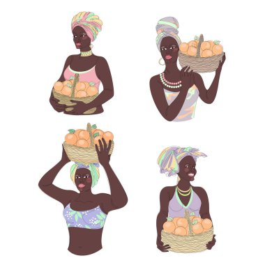 Collection. Silhouettes of a girl in a headscarf. The lady is holding a basket of oranges in her hands. Woman in modern one line style. Solid line, outline, logo. Vector illustration, set