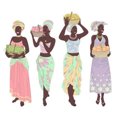 Collection. Silhouettes of a girl in a headscarf. The lady holds in her hands a basket with bananas and apples, grapes, oranges Woman in a modern one line style, contour. Vector illustration, set