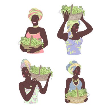 Collection. Silhouettes of a girl in a headscarf. The lady holds in her hands a basket with bananas and apples, grapes, oranges Woman in a modern one line style, contour. Vector illustration, set