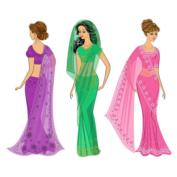Coleção Silhueta Senhoras Encantadoras Meninas Estão Vestidas Com Saris Roupas — Vetor de Stock