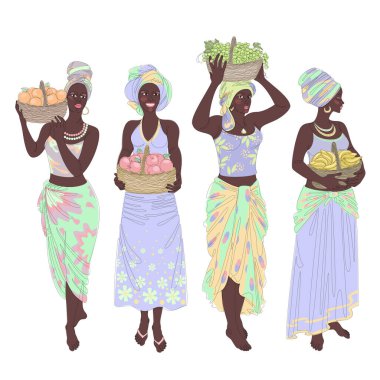 Collection. Silhouettes of a girl in a headscarf. The lady holds in her hands a basket with bananas and apples, grapes, oranges Woman in a modern one line style, contour. Vector illustration, set