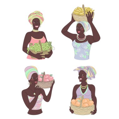 Collection. Silhouettes of a girl in a headscarf. The lady holds in her hands a basket with bananas and apples, grapes, oranges Woman in a modern one line style, contour. Vector illustration, set