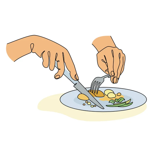Silhouettes Main Une Personne Tenant Une Fourchette Couteau Dans Style — Image vectorielle