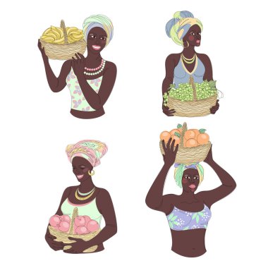 Collection. Silhouettes of a girl in a headscarf. The lady holds in her hands a basket with bananas and apples, grapes, oranges Woman in a modern one line style, contour. Vector illustration, set