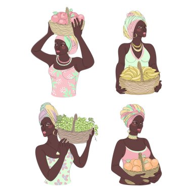 Collection. Silhouettes of a girl in a headscarf. The lady holds in her hands a basket with bananas and apples, grapes, oranges Woman in a modern one line style, contour. Vector illustration, set